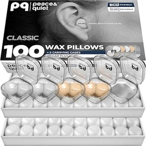 Peace&Quiet | PQ 100 Wax Ear Plugs for Sleeping - Silicone Wax Earplugs for Sleeping and Swimming, Gel Ear Plugs for Noise Cancelling, Sleeping Earplugs, Sound Blocking 32 Db (100 Pillows), White