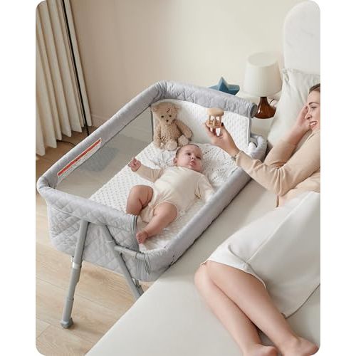 BEKA Bassinet Bedside Sleeper for Baby, 2 in 1 Baby Crib for Newborn, Bedside Bassinet with 4 Auto-Lock Wheels & Adjustable Height, Breathable Mesh Sides & Soft Mattress