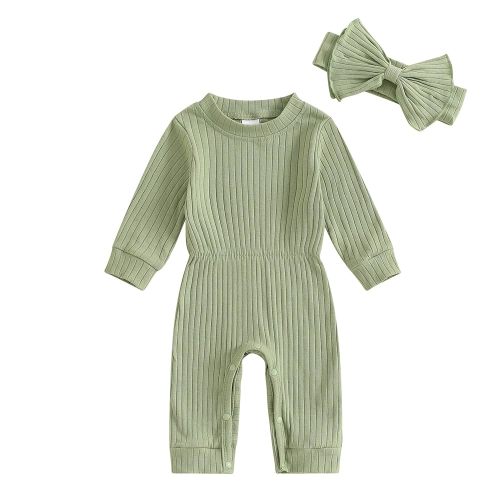 Newborn Baby Girl Fall Outfits Long Sleeve Ribbed Romper Jumpsuit with Headband Set Infant Girl Clothes