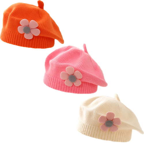 Baby Beret Hat 3Pcs Toddler Winter Knitted Beanie Cap with Cute Flower Little Girls French Hat for 0-3Years