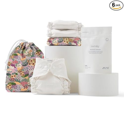 Esembly Try-It Kit - Cloth Diaper Starter Set with Organic Cotton Diapers, Waterproof Diaper Cover, Wet Bag, and Laundry Detergent - Botanic Garden, Size 1 (7-18lbs)