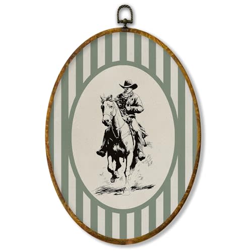 XPH Vintage Western Cowboy Oval Wall Art Framed, Western Oval Wall Decor Accents, Green Striped Cowboy Riding Horse Rodeo Hanging Canvas Prints for Home Bedroom Living Room Decoration, 8.6x11.4 Inch
