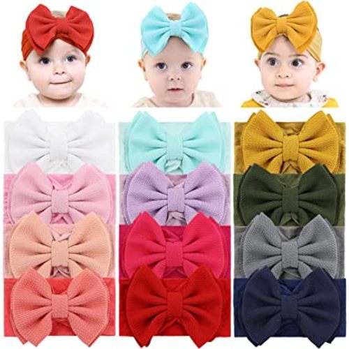 Cinaci 12 Pack Super Stretchy Nylon Headbands with Big Bow Hair Accessories Wide Headwraps for Baby Girls Infants Toddlers Kids