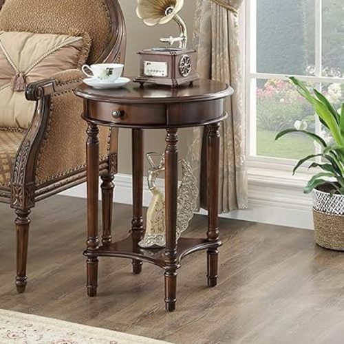 YUNMUAIR-Vintage End Side Table Solid Wood End Table with Drawer and Storage Shelf,26-Inch Tall Round Nightstand,Wooden Accent Table for Living Room Bedroom,No-Tools Assembly,Dark Walnut