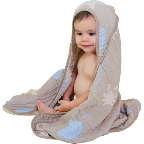 Ultra-Soft Muslin Baby Hooded Towel - 32 x 32 Inches, Ideal for Bath & Beach, Suitable for Both Boys & Girls from Newborns to Toddlers(Ocean Coffee