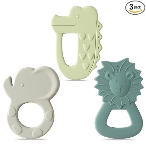 3Pcs Silicone Teething Toys for Babies Elephant Lion BPA Free Soft Teether Infant Sore Gums Pain Food Grade Silicone Teething Relief Chew Toy for Toddler Baby Shower Newborn 6-12 Months Birthday