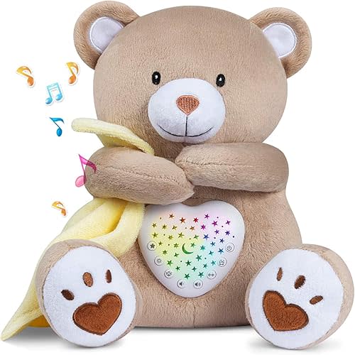 BEREST Rechargeable Baby Sleep Soother Bear, Mom's Heartbeat & Lullabies, White Noise Sound, Nursery Decor Night Light Projector, Toddler Crib Sleeping Aid, Baby Shower Gifts