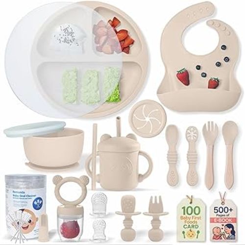 Remonda 23-Piece BPA-Free Silicone Baby Feeding Set | Extra Large Suction Plates, Toddler Bowls, Self Feeding Spoons, and More | Dishwasher Safe| Baby Led Weaning Supplies (Beige)