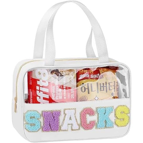 Snack Bag for Travel - Chenille Letter Clear Makeup Bag, Large Preppy Patch Snack Cosmetic Bag with Handle and Zipper, Cute Makeup Pouch Nylon&PVC Waterproof Toiletry Organizer Storage for Women Girls