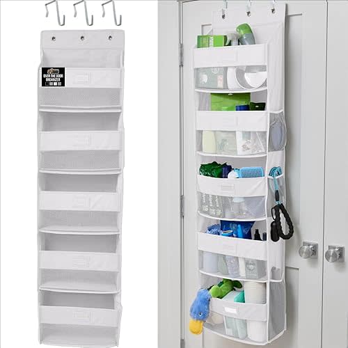GORILLA GRIP Over The Door Organizer Storage, 5 Deep Hanging Shelves, Holds 50lbs, Closet Organizers Shelf for Bedroom, Shoes, Bathroom, Nursery, Dorm Essentials, 3 Metal Hooks, 58x15 Inches, White
