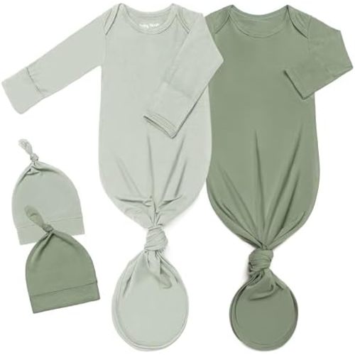 2Pack Knotted Gown Baby, Super Soft Long Sleeve Newborn Hospital Outfit Boy Girl Coming Home, Built-In Mittens Clothes