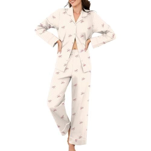 LOMON 100% Cotton Womens Pajama Sets Woven Poplin Long Sleeve 2 Piece Pjs