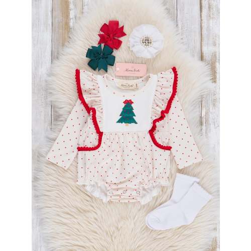 Polka Dots Embroidered Trees Ruffle Bubble Romper