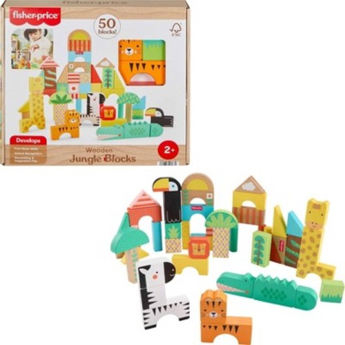 Fisher-Price Wooden Jungle Blocks Animal-Themed Building Set for Toddlers 50pc Wooden