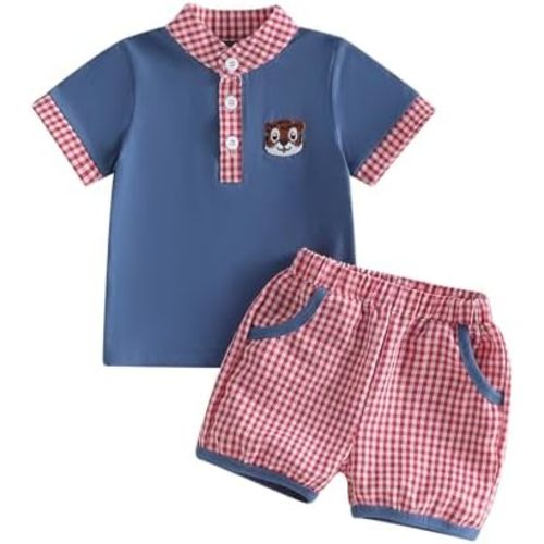 Madjtlqy Toddler Baby Boy Summer Outfit Short Sleeve Embroidered Printed Button Polo T-shirt Shorts Set 2Pcs Infant Clothes