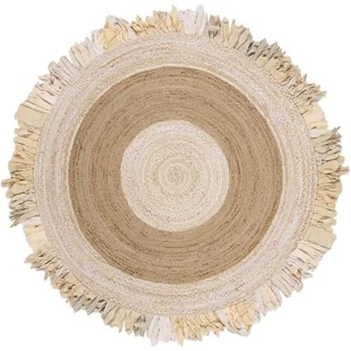 SAFAVIEH Cape Cod Collection Area Rug - 5' Round, Beige & Natural, Handmade Boho Fringe Jute & Cotton, Ideal for High Traffic Areas in Living Room, Bedroom (CAP701B)