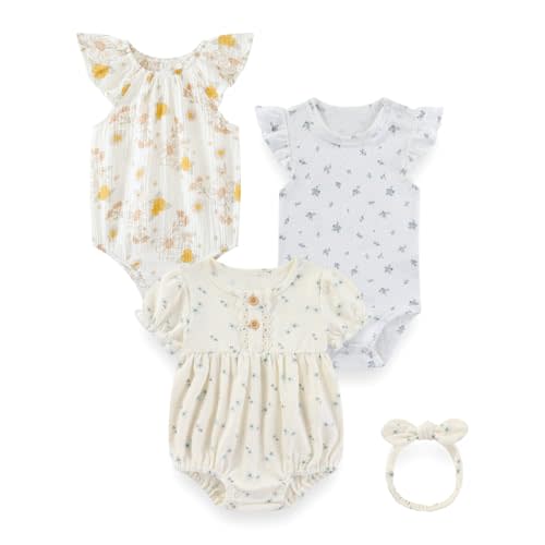 3Pcs Cotton Baby Girl Bodysuits Soft Infant Summer Rompers Set | Newborn 0-12Months Onesies,Short Sleeve, Floral Ruffle Bodysuits,Butterfly Headband,Easy Matching