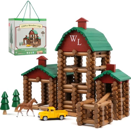 Wondertoys 330 Pcs Wooden Log Set Real Wood Logs Classic Building Log Ages 3+ Best Retro Building Gift Set for Boys Creative Construction Engineering Educational Gifts