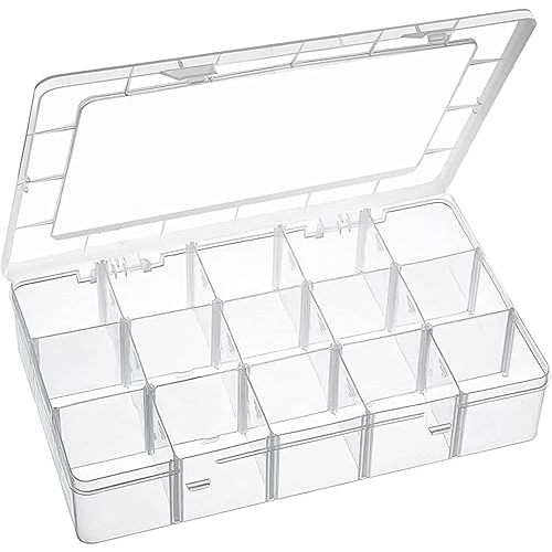 15 Large Grids Plastic Organizer Box with Dividers, Clear Compartment Container Storage for Washi Tapes Beads Crafts Jewelry Fishing Tackles, Size 11 x 6.3 x 2.2 in