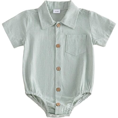 Sasaerucure Newborn Baby Boy Clothes Turndown Collar Striped Long/Short Sleeve Romper Button Up Jumpsuit Shirt Bodysuit