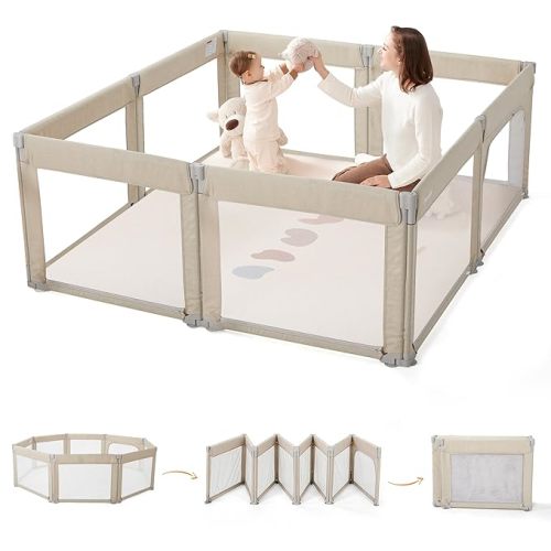 Sweeby Foldable Baby Playpen, 59x59 Playpens for Babies and Toddlers Extra Large Play Yard with Door Baby Fence with Zipper Door and Indoor & Outdoor Play Pen, Beige