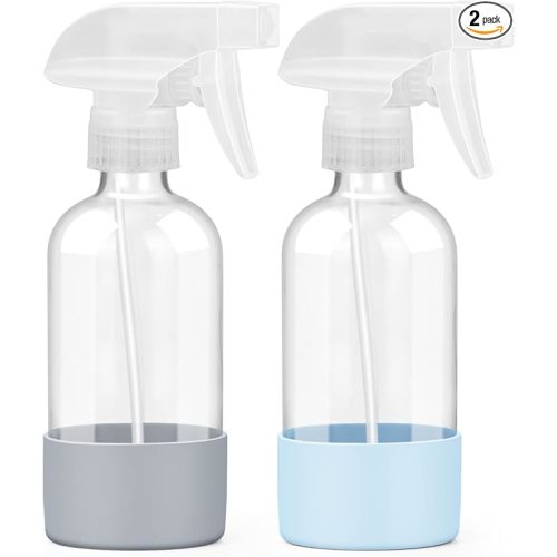 2 Pack Glass Spray Bottles 8 oz, Empty Refillable Containers with Silicone Sleeve Protection, Glass Spray Bottles for Cleaning Solutions, Hair and Plants with Adjustable Nozzles Blue&Grey