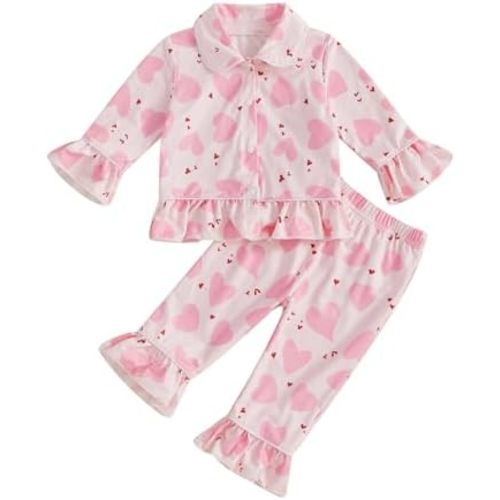 Multitrust Baby Girls Ruffled Cotton Pajamas Set Long Sleeve Button Down Shirts and Flared Pants Matching Pj Sets Sleepwear