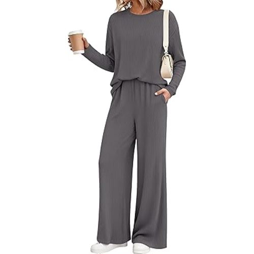 KIRUNDO Spring 2 Piece Lounge Sets for Women Long Sleeve Ribbed Knit Tops Wide Leg Pants Matching Travel Outfits Postpartum