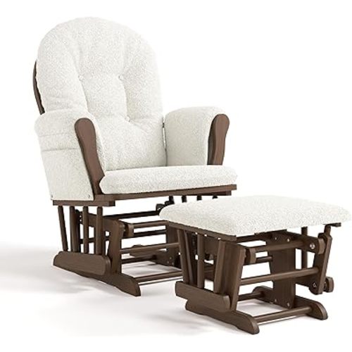 Storkcraft Premium Hoop Glider & Ottoman - GREENGUARD Gold Certified, Solid Wood Craftsmanship, Convenient Storage Pockets, Nursery Rocking Chair, Multi-Award-Winning (Hazelnut and Ivory Boucle)