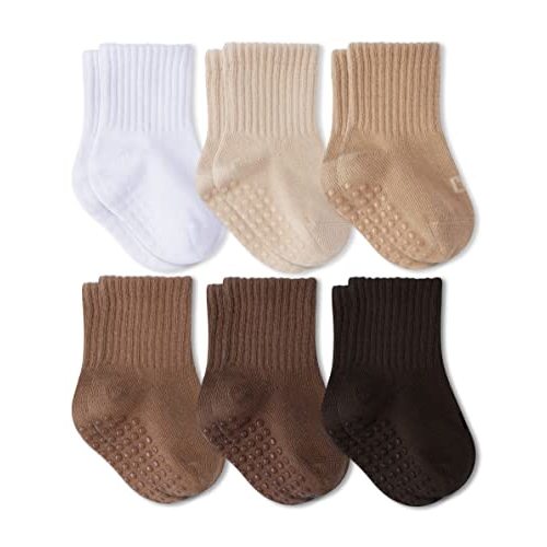 6 Pairs Neutral Baby Socks with Grips - Made from Recycled Material with Seamless Toe - Skin Tone Socks by TONE SOCKS