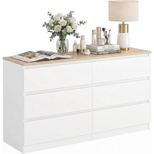 Spaco White Dresser for Bedroom with Oak Top,Modern 6 Drawer Dresser with Deep Drawer,Wide Storage Chest of Drawers,Bedroom Storage Organizer Furniture,TV Stand for Living Room