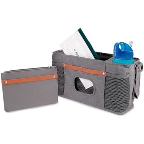 WONDERFOLD Universal Parent Console Stroller Organizer with Insulated Cup Holders, Hook & Loop Closure Handle Attachment, 2 Storage Pockets, Removable Shoulder Strap for Easy Transport