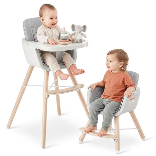 Mallify 3-in-1 Wooden High Chair, Convertible High Chairs for Babies and Toddlers, Baby Highchair with Adjustable Legs & Dishwasher-Safe Tray, Sleek Hardwood & Premium PU Cushion, Gray