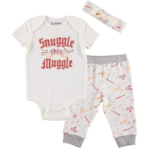 Harry Potter Ravenclaw Slytherin Gryffindor Hufflepuff Baby Girls Bodysuit Pants and Headband Set Newborn to Infant - White