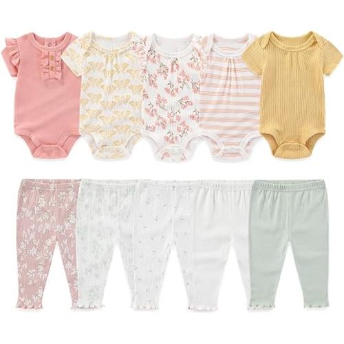 Kiddiezoom Newborn Baby Layette Set 10-Piece with Bodysuits and Pants Set for Unisex Baby Gift Sets