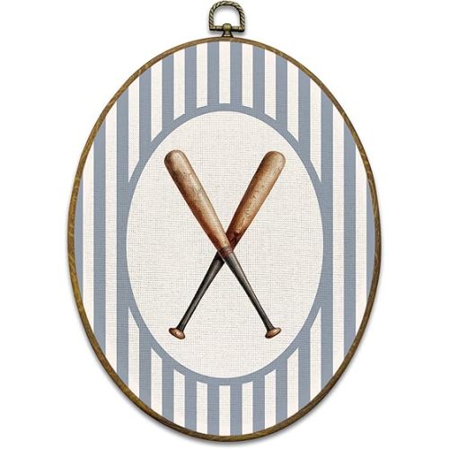 Mcehtle Baseball Sports Nursery Wall Art Decor, Sports Framed Canvas Prints 8.6x11.4, Retro Light Blue Striped Baseball Bat Oval Home Wall Hanging Artwork Decorations for Kids Boy Nursery Room Bedroom