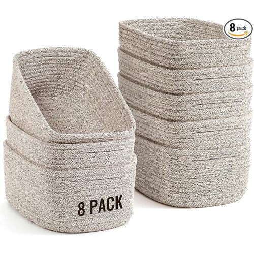 8 Pack Small Storage Baskets for Organizing, Woven Rope Bins for Bathroom, Closet, Shelf Organizer, Cute Cube Decorative Box for Towels, Baby Nursery, Toys, Gift Empty Baskets - 11.5"x7.5"x4.7"-Brown