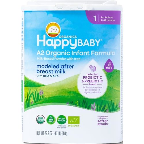 Happy Baby Organics Stage 1 A2 Infant Formula, 0 12 Months, Milk Based Organic Baby Formula Powder with A2 Milk, Probiotics & Prebiotics for Immune & Digestive Support, 22.9 Ounce (Pack of 1)
