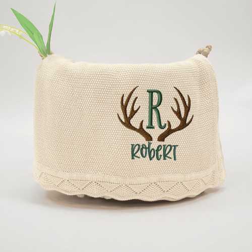 Personalized Baby Name Blanket, Deer Hunter Antler Monogram Embroidered Blanket, Baby Boy Blanket, Baby Shower Hunting Gift, Nursery Decor