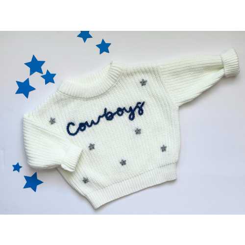 Hand Embroidered Cowboys Sweater, Embroidered Baby Sweater - Baby Shower Gift