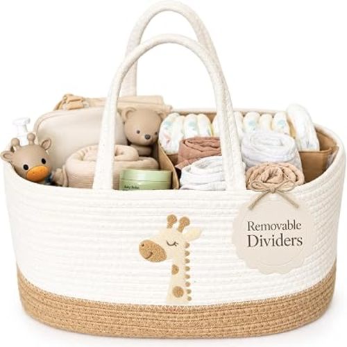 Baby Diaper Caddy Organizer - Giraffe Safari Nursery Storage Rope Basket