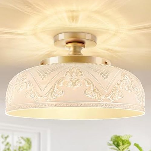 Semi Flush Mount Ceiling Light, 12 Inch Large Gold Ceiling Light Fixture, 3-Light Globe White Glass Farmhouse Kitchen Lighting Fixtures for Bathroom, Hallway, Dining Room (Bulb Not Included)