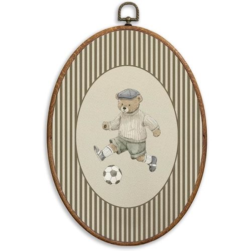SONMYSULIL Vintage Soccer Bear Wall Art Decor, Sports Nursery Oval Wall Hanging Decor, Neutral Striped Soccer Player Bear Framed Canvas Prints for Home Kids Boys Room Bedroom Playroom, 8.6x11.4 Inch