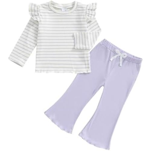 FOCUSNORM Toddler Baby Girl Outfits Ruffle Long Sleeve Striped Trim Tops + Flare Pants Set Toddler 2Pcs Fall Winter Clothes