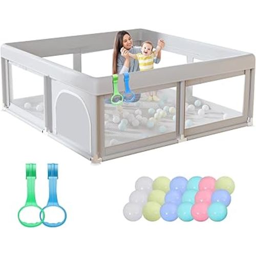 Hiaksedt 50 x 50 inch Baby Playpen with Ocean Balls and Pull Rings | Playpen for Babies and Toddlers, Baby Fence Playards, Safe Structure and Soft, Skin-Friendly Fabric with Zipper Gates.