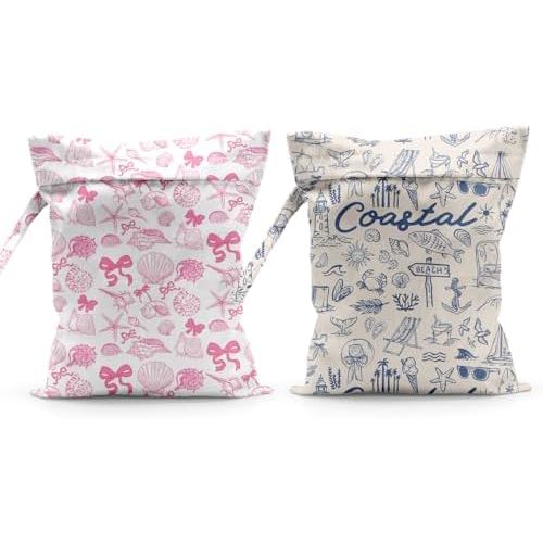 Waterproof Cloth Diaper Wet Dry Bag Reusable Travel Beach Pool Daycare Soiled Toddler Items Yoga Gym Bag for Swimsuits Wet Clothes Bags - 2pcs Coastal Themed Pattern