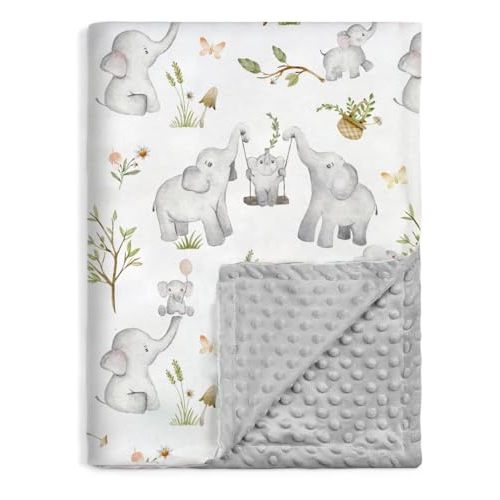 BOPRIO Baby Blankets for Unisex Boys Girls, Super Soft Nursery Minky Blankets with Baby Elephant Design and Dotted Fleece Backing, Printed Bed Throws Newborn