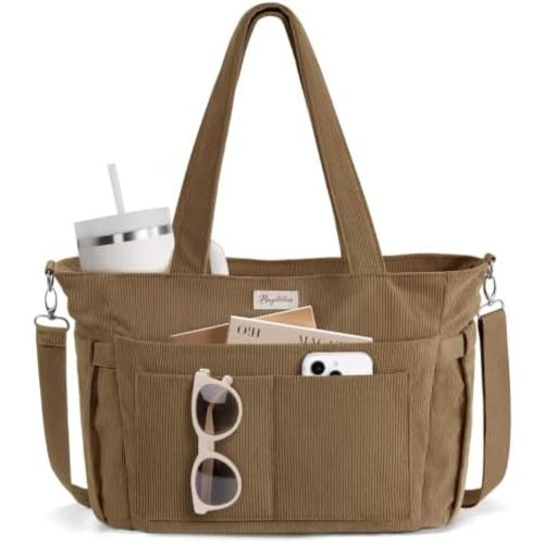 Bagstellar Corduroy Tote Bag for Women, 17 Pockets Laptop Work Tote Purse
