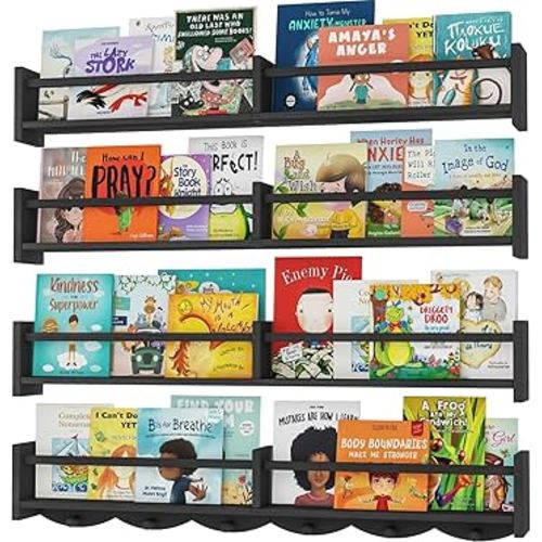 34Inch Nursery Bookshelves,Set of 4,Wall Floating Shelf Kids Coat Rack with 6Hooks,Hanging Book Shelf for Baby Nursery Room Décor ，Patent Number: 29958098(Black, 34)