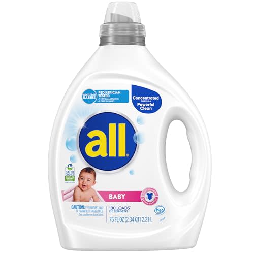 all Liquid Laundry Detergent, Baby Powder Scent, 75 fl oz, 100 Loads | Hypoallergenic formula, dye free, pediatrician tested, lightly scented, stain removal, HE safe, machine wash compatible
